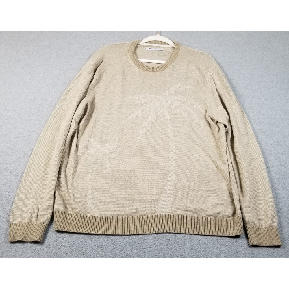 Tommy Bahama Sweater Men's L Large Beige Tonal Palm Tree Knit Pullover Crewneck